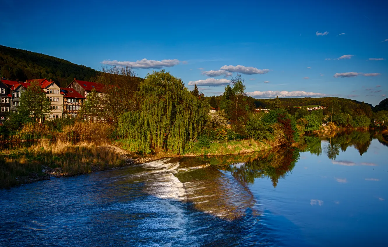 Фото обои небо, река, Hannoversch- Münden
