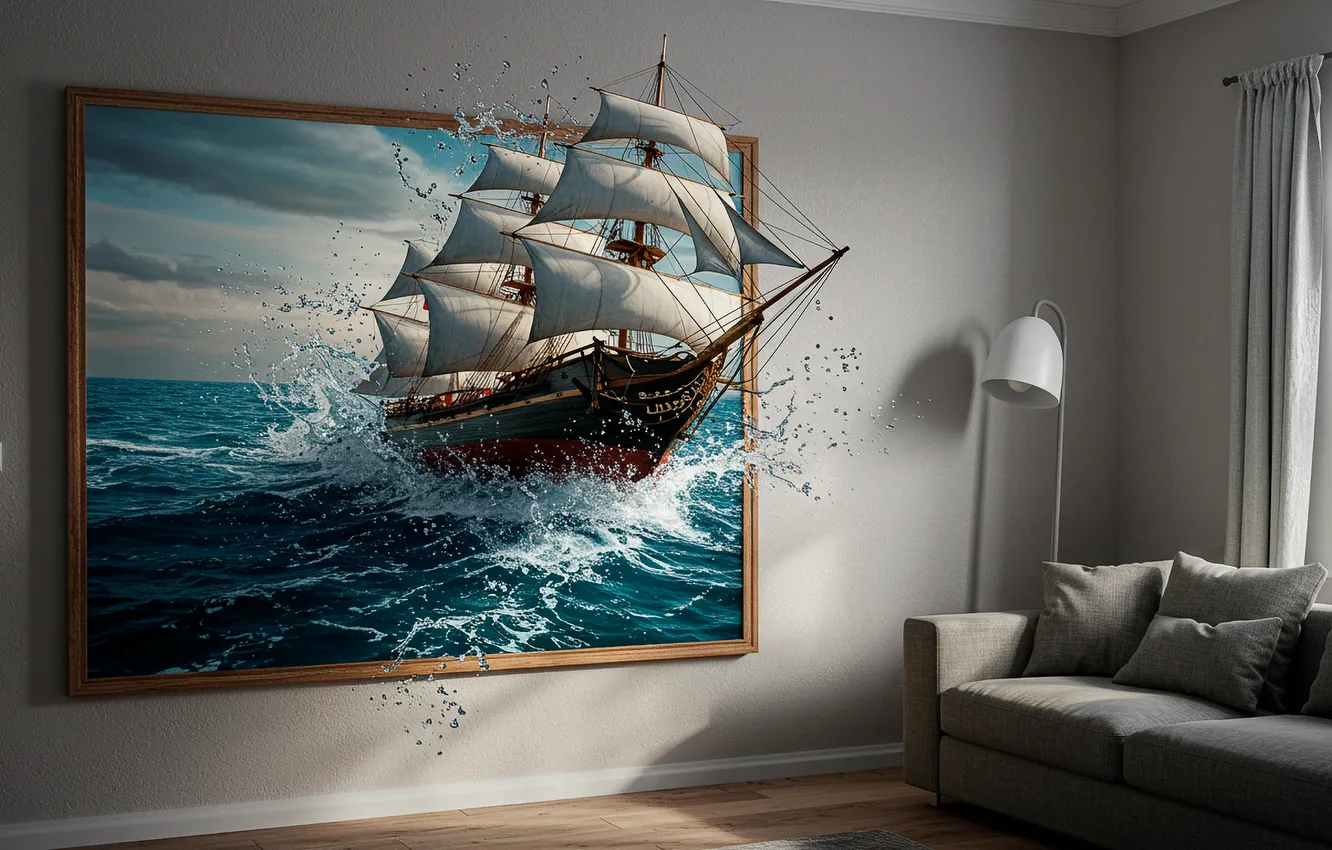 Фото обои брызги, корабль, арт, wallpaper, квартира, art, splashes, ship