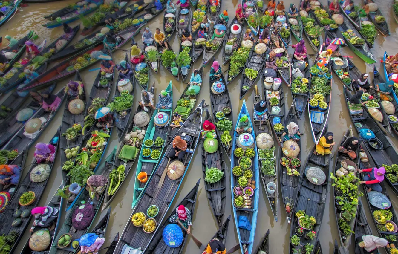 Фото обои лодки, Индонезия, торговля, плавучий рынок, Лок-Бланьян, река Мартапура