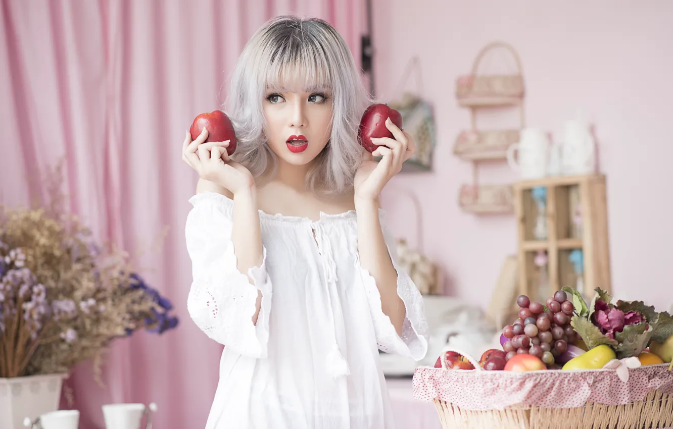 Фото обои настроение, яблоки, фрукты, азиатка