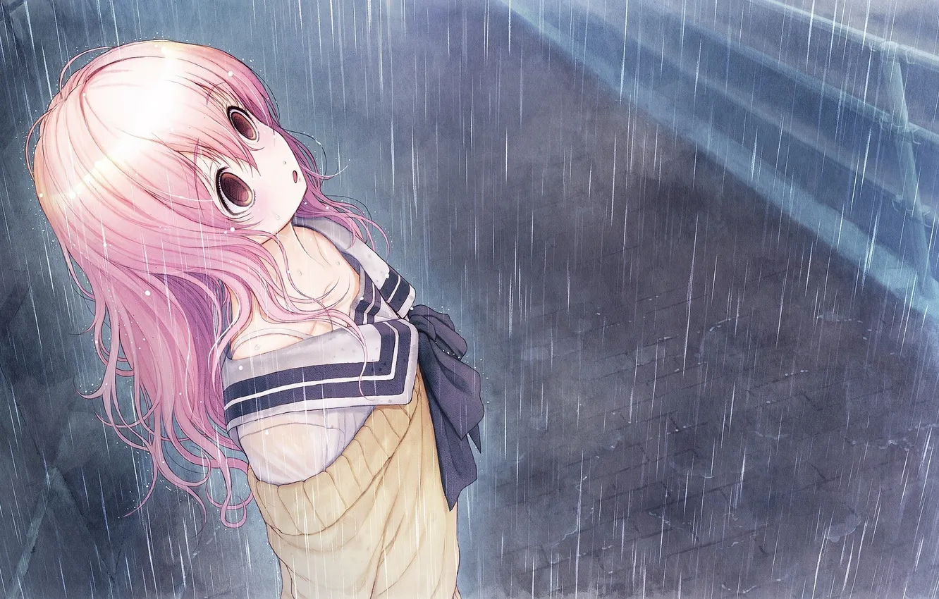 Фото обои дорога, девушка, дождь, арт, форма, школьница, tsuji santa, kimi to kanojo to kanojo no koi.