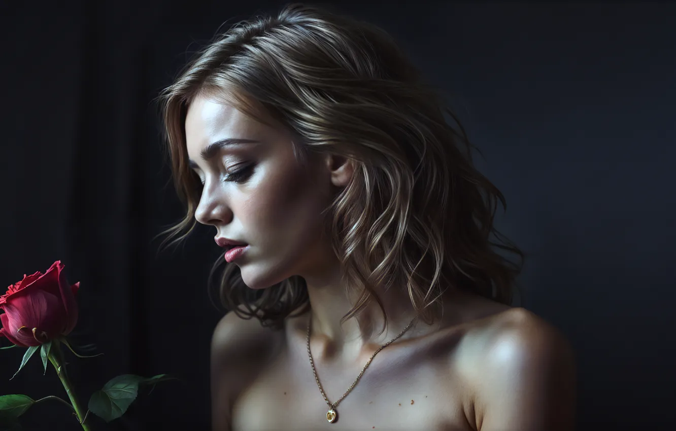 Фото обои People, Red Rose, Beautiful girl, AI art