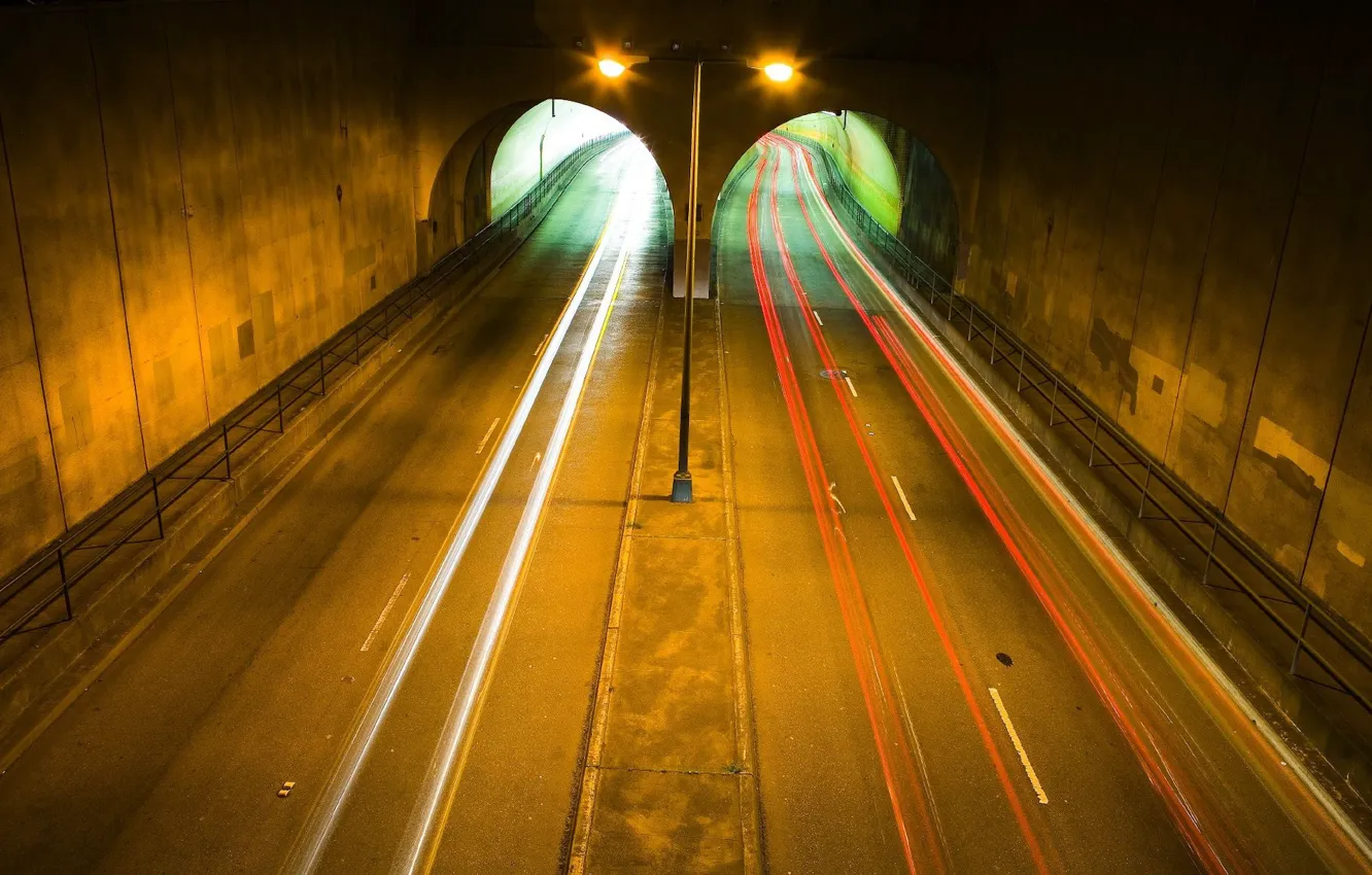 Фото обои дорога, огни, туннель