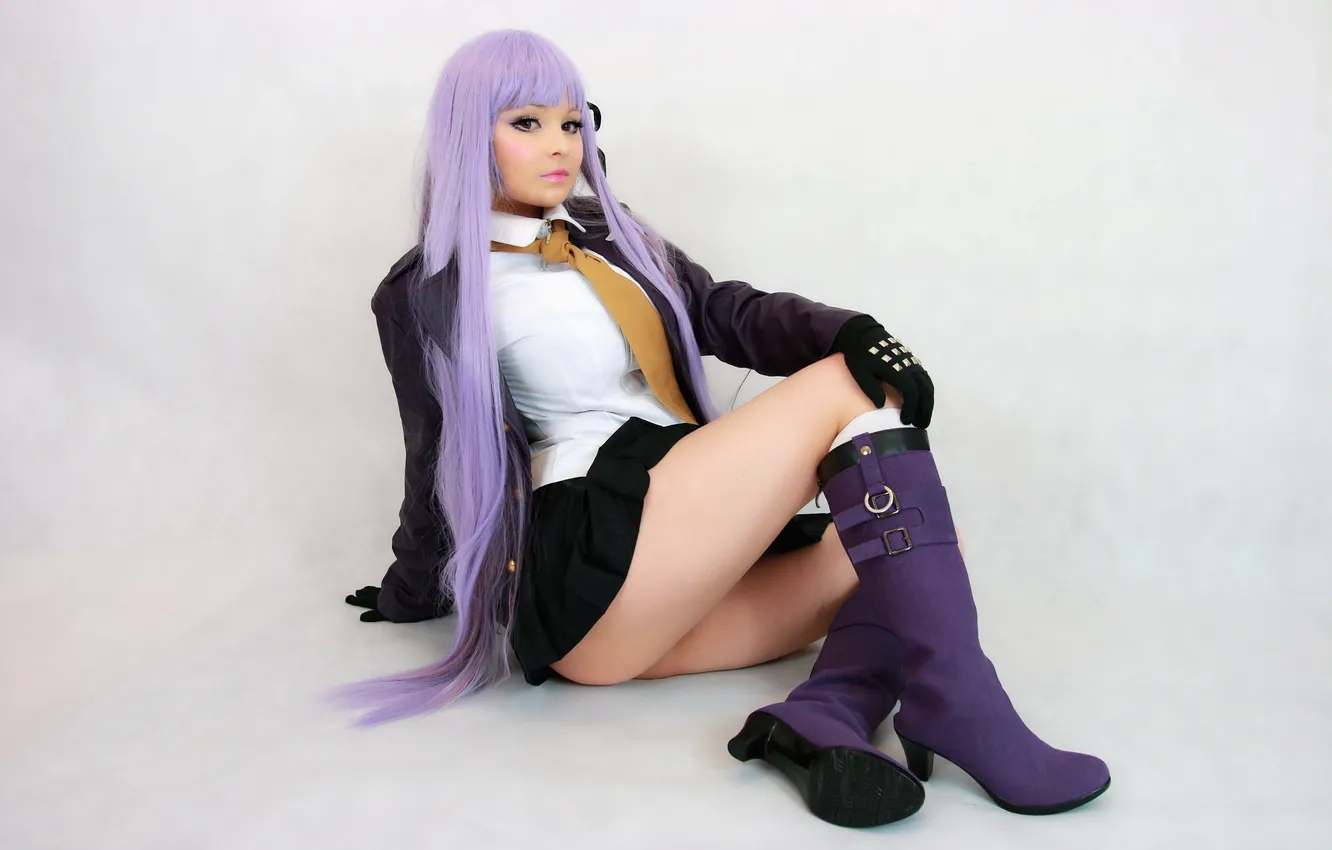 Фото обои school uniform, model, women, cosplay, black panties, purple hair, Kirigiri Kyouko, Danganronpa