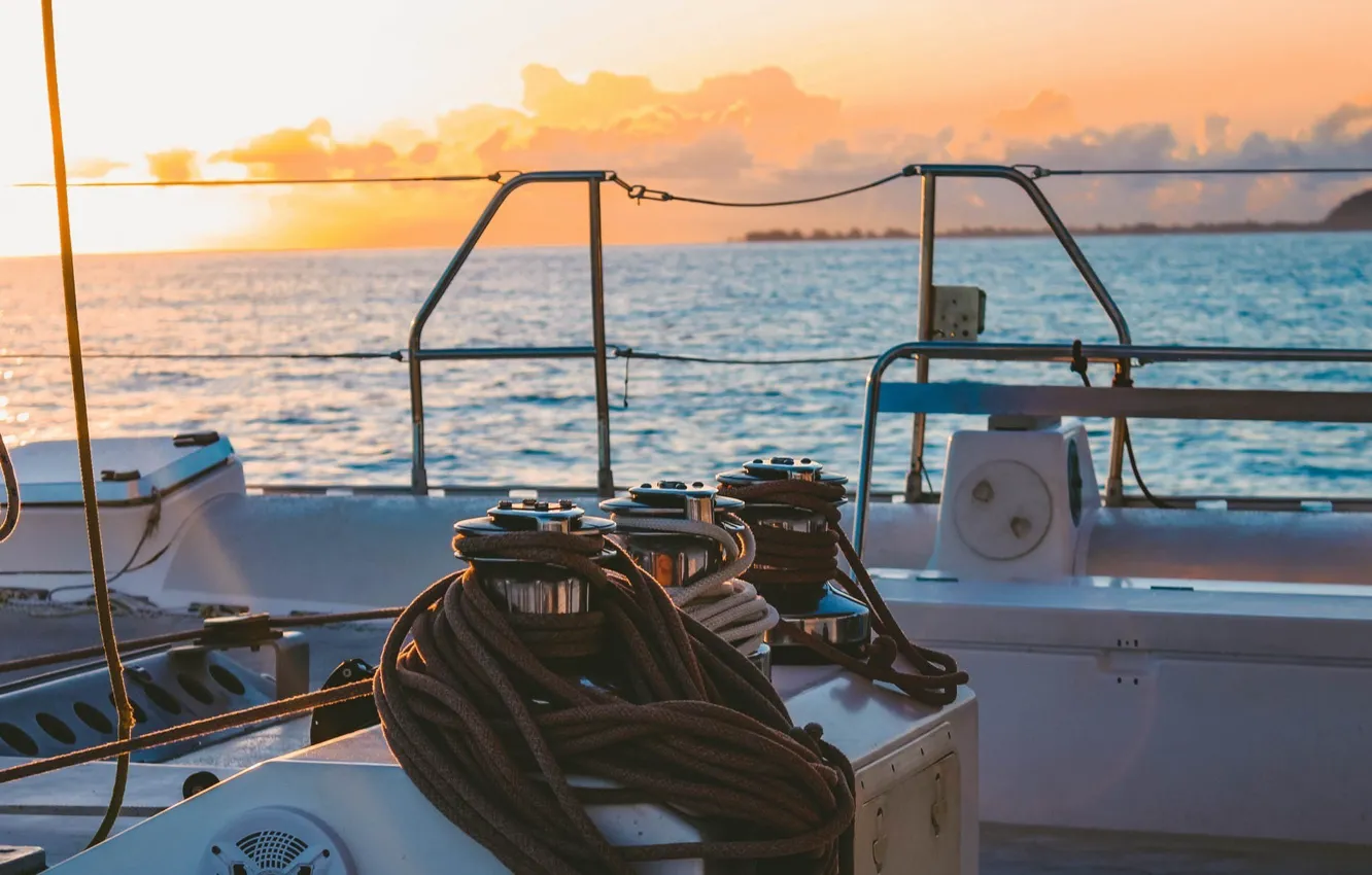 Фото обои море, океан, вечер, яхта, палуба, French Polynesia, такелаж