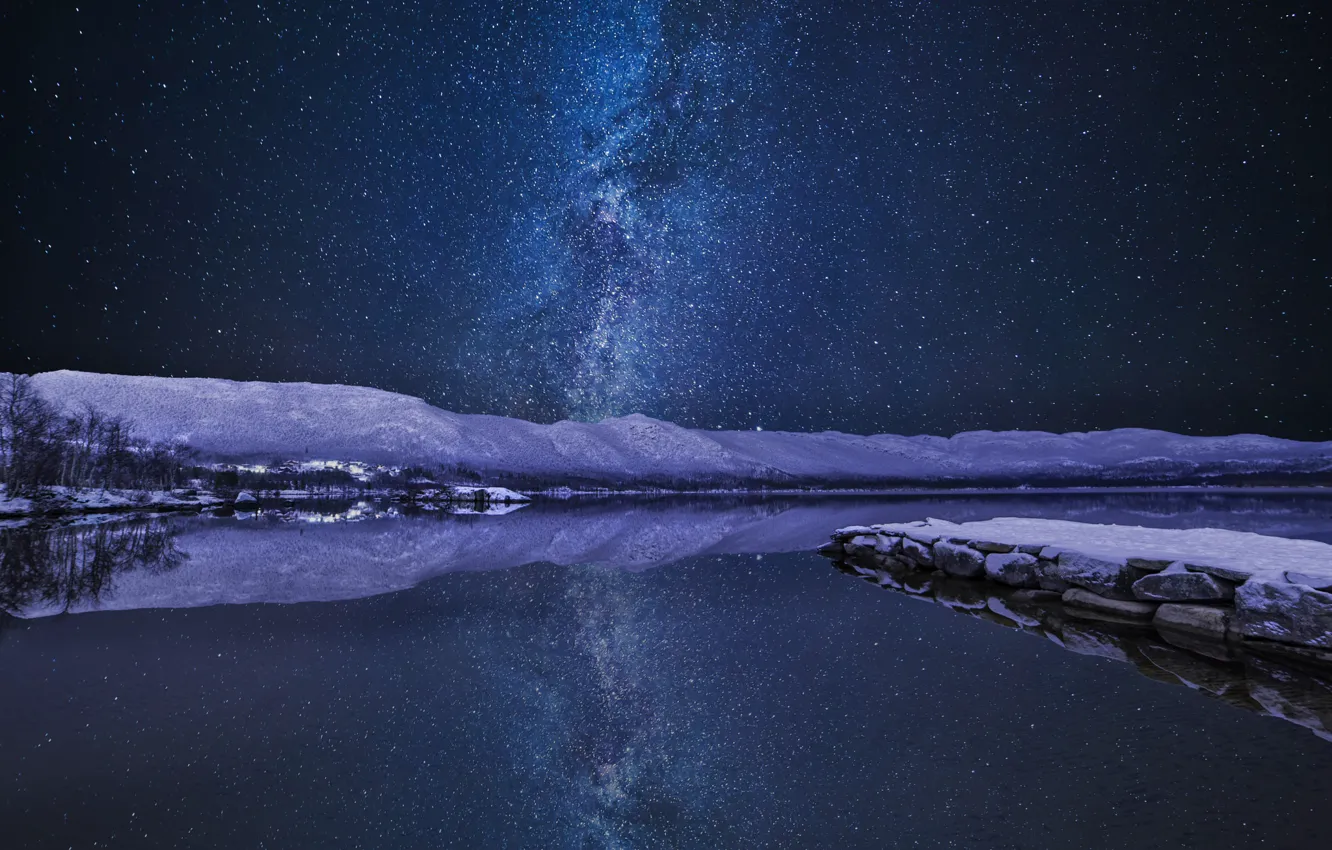 Фото обои зима, небо, звезды, ночь, река, млечный путь