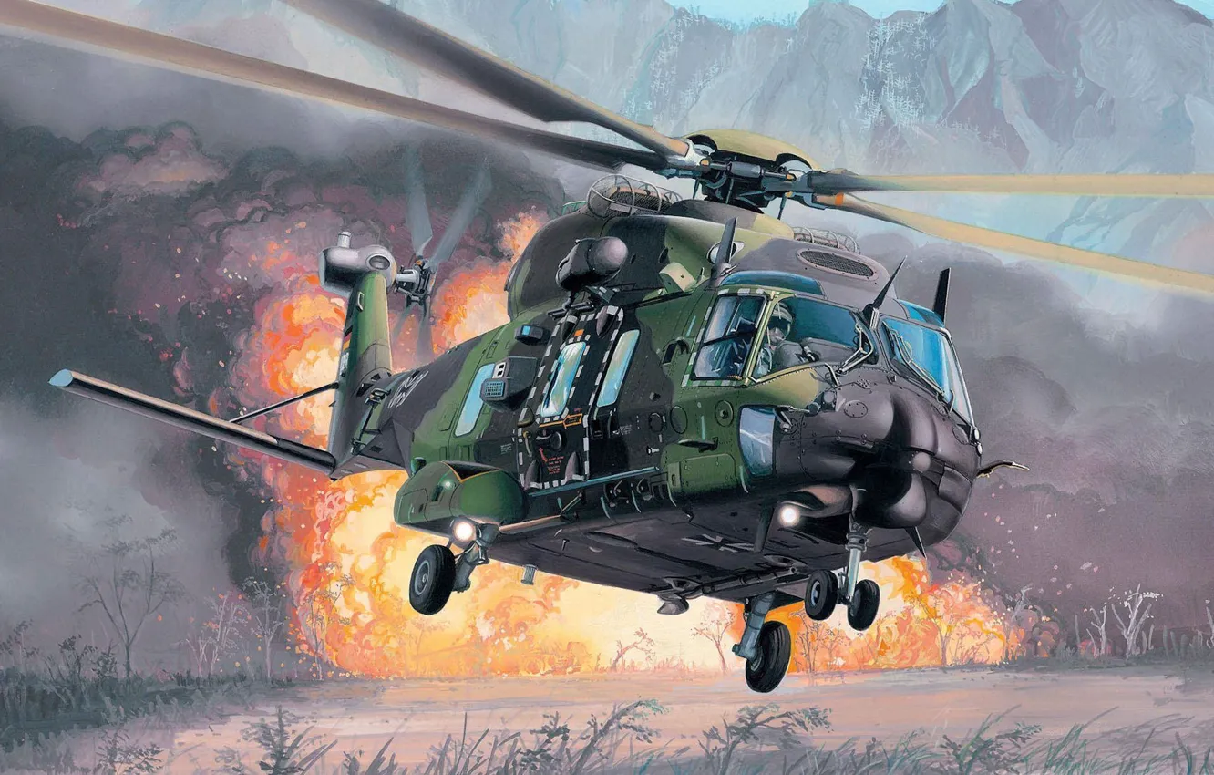 Фото обои взрыв, огонь, вертолёт, многоцелевой, Eurocopter, NH90, extraction, NHI