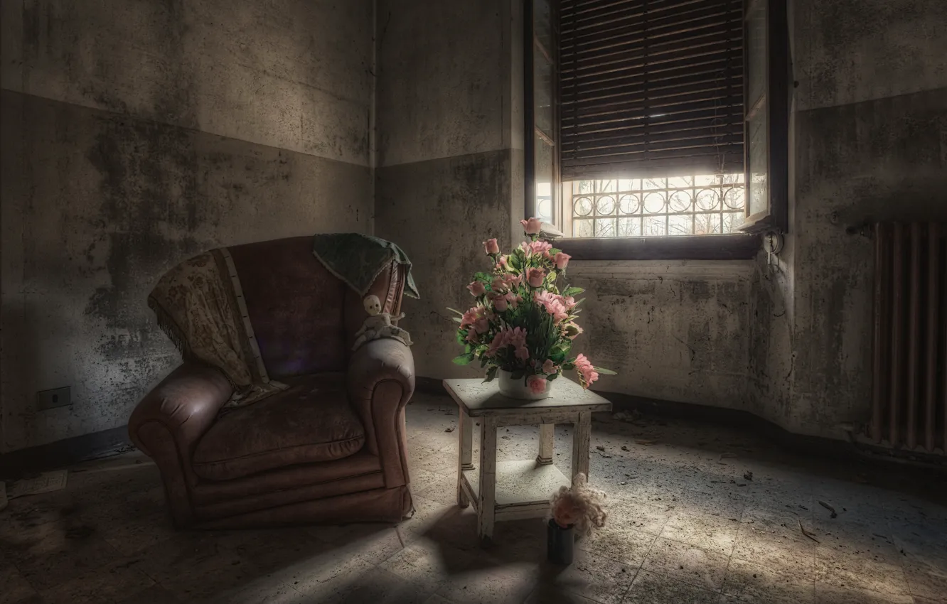 Фото обои цветы, кресло, окно