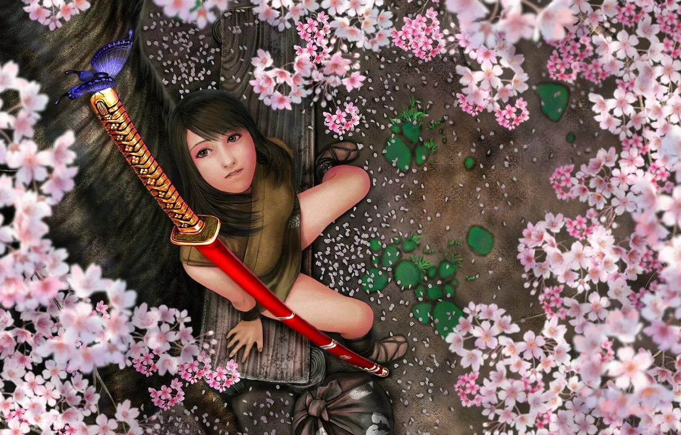 Фото обои Girl, Sakura, Asian, Sword, Oriental, Kunoichi