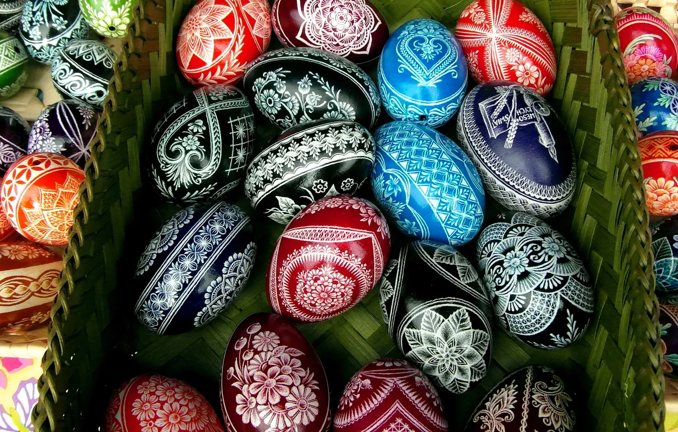 Фото обои праздник, узор, яйца, весна, Пасха, красные, ящик, орнамент