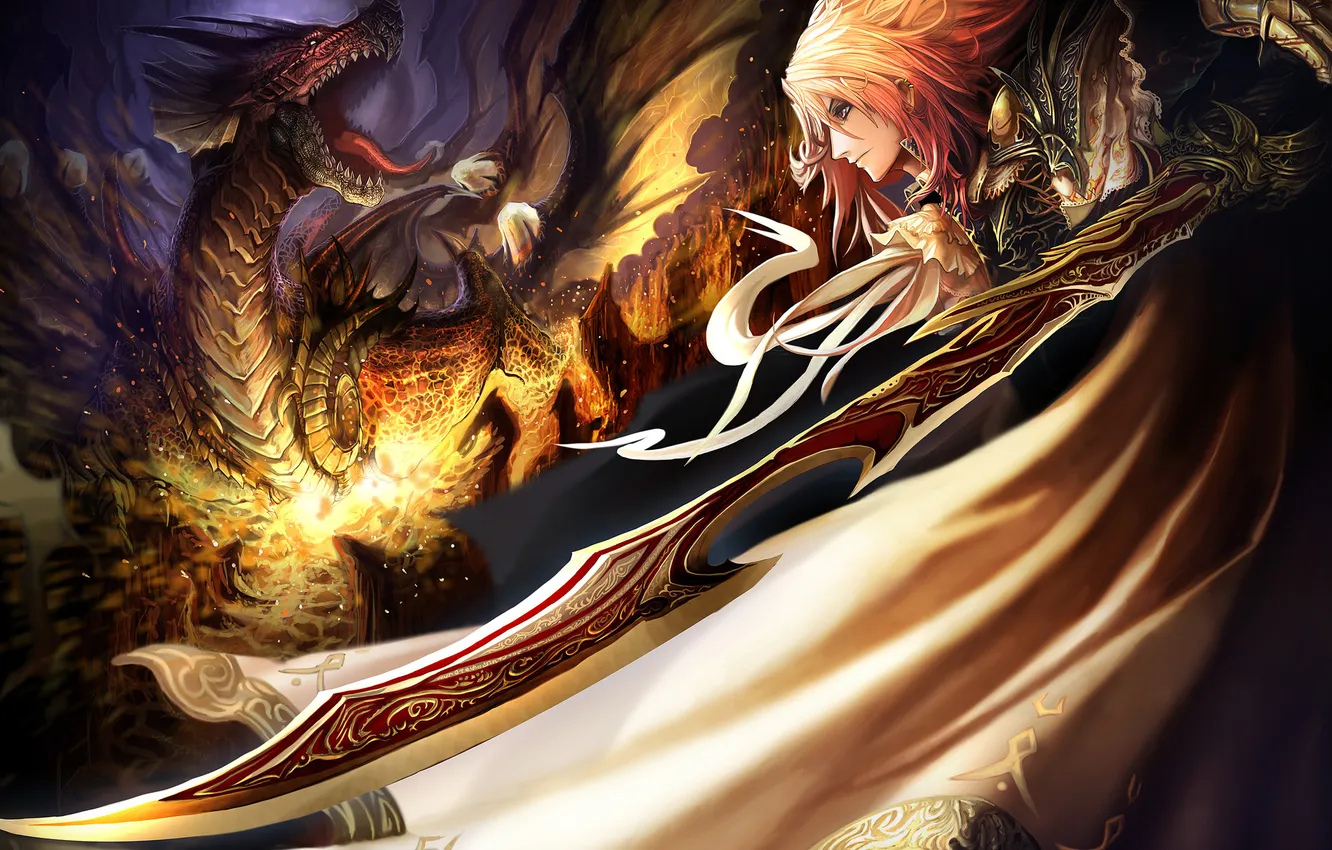 Фото обои дракон, воин, мечь, tatakai
