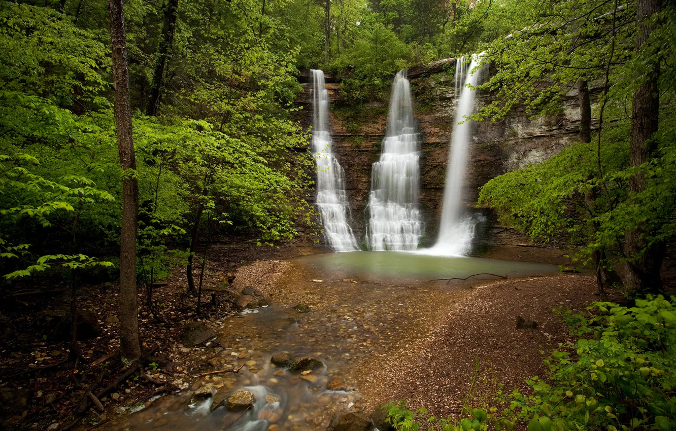 Фото обои лес, скала, водопад, Arkansas, Арканзас, Triple Falls, Buffalo National River Park