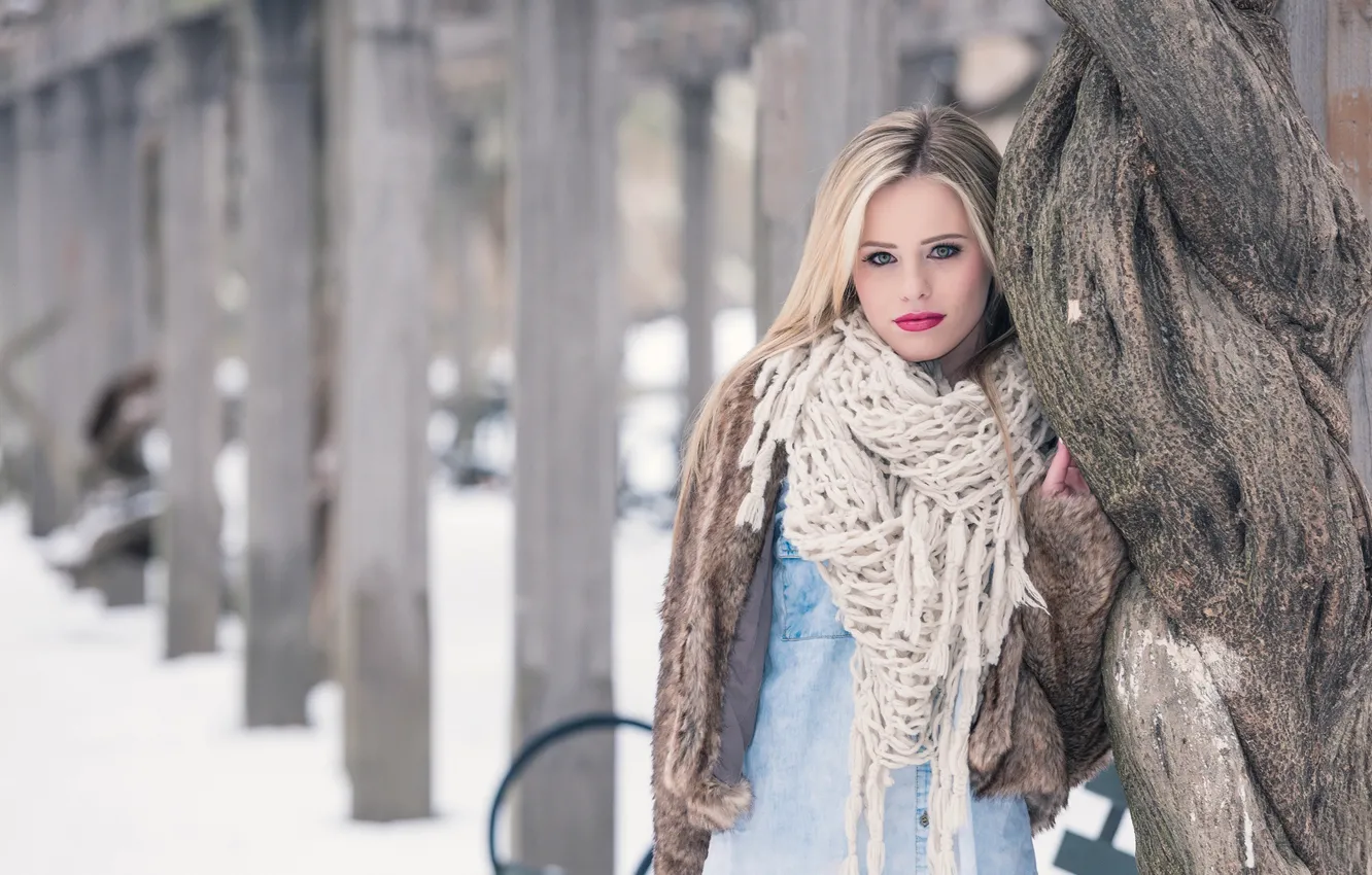 Фото обои зима, девушка, дерево, макияж, шарф, шуба