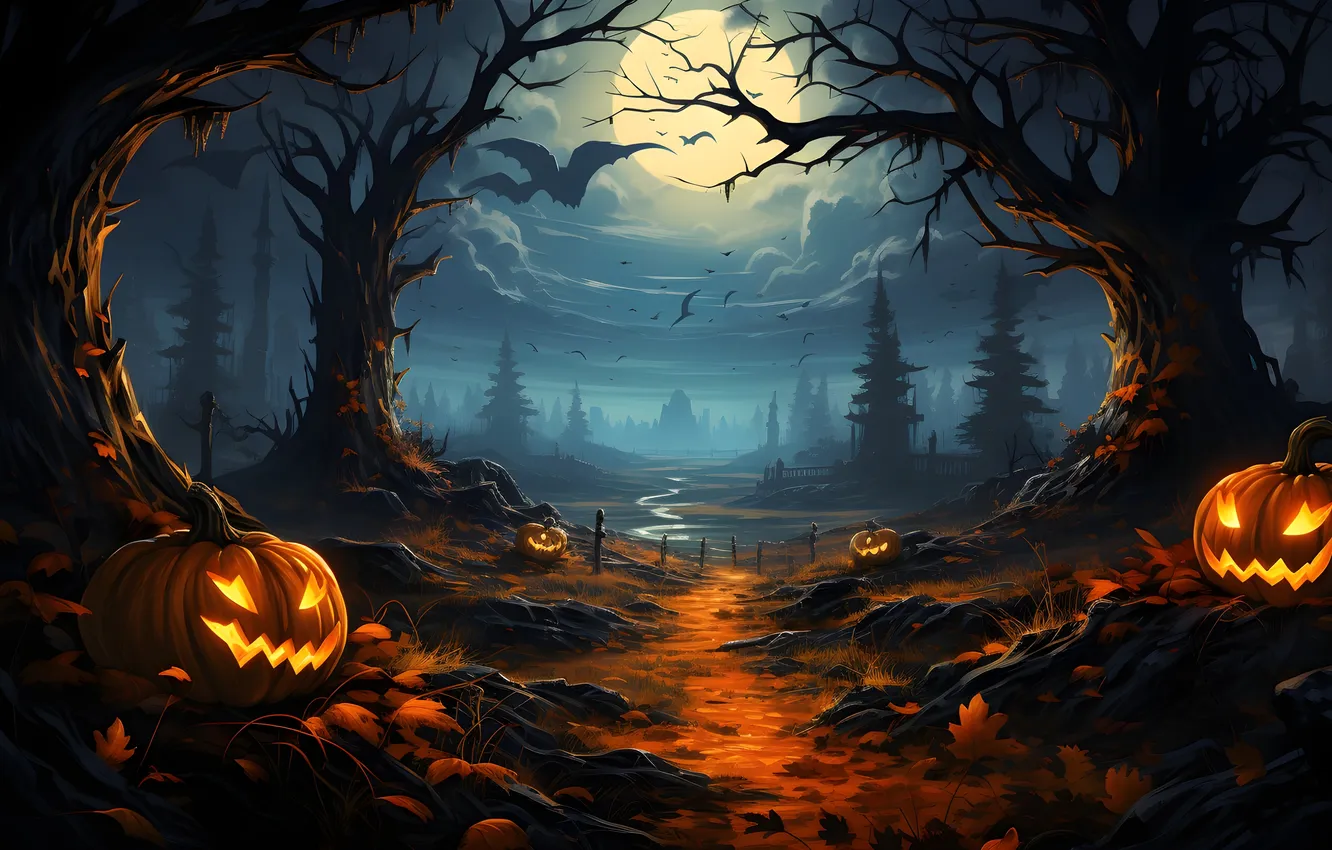 Фото обои Дорога, Ночь, Деревья, Луна, Тучи, Тыквы, Halloween, Хэллоуин