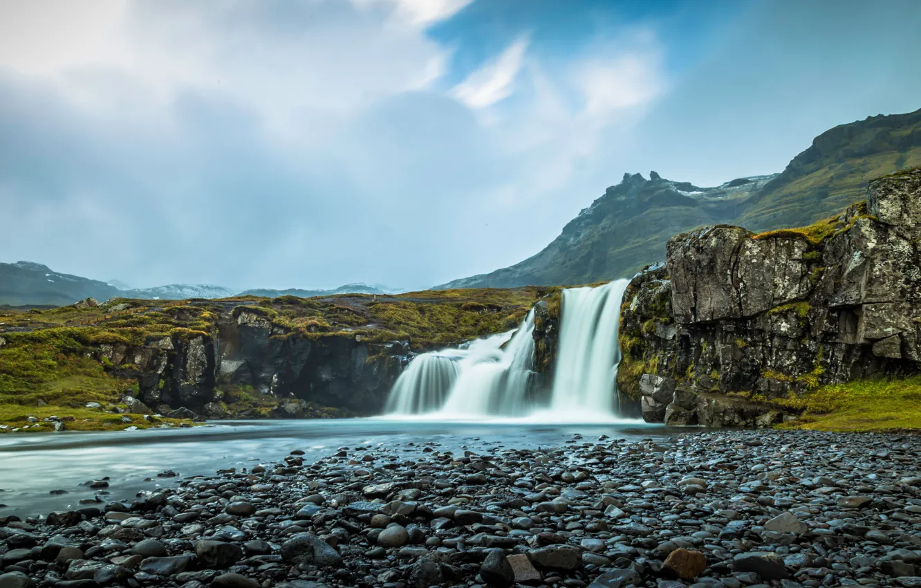 Фото обои горы, водопад, Исландия, Iceland, Kirkjufellsfoss, Grundarfjordur, Грюндарфьордюр