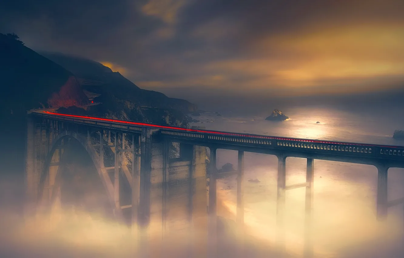 Фото обои ночь, мост, туман, железная дорога