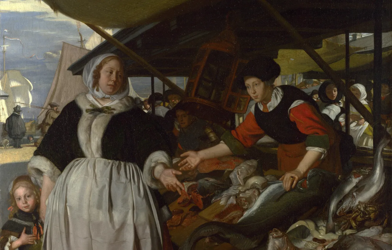 Фото обои рыба, базар, Emanuel de Witte, Нидерландская живопись., Adriana van Heusden, and Daughter, The Fishmarket, ca.1662