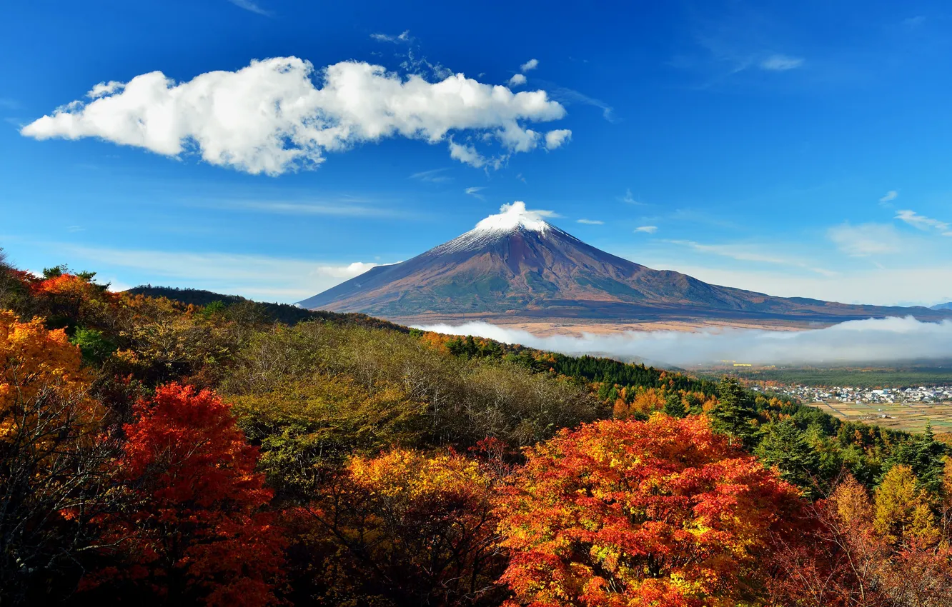 Фото обои осень, небо, облака, деревья, холмы, Япония, долина, гора Фудзияма