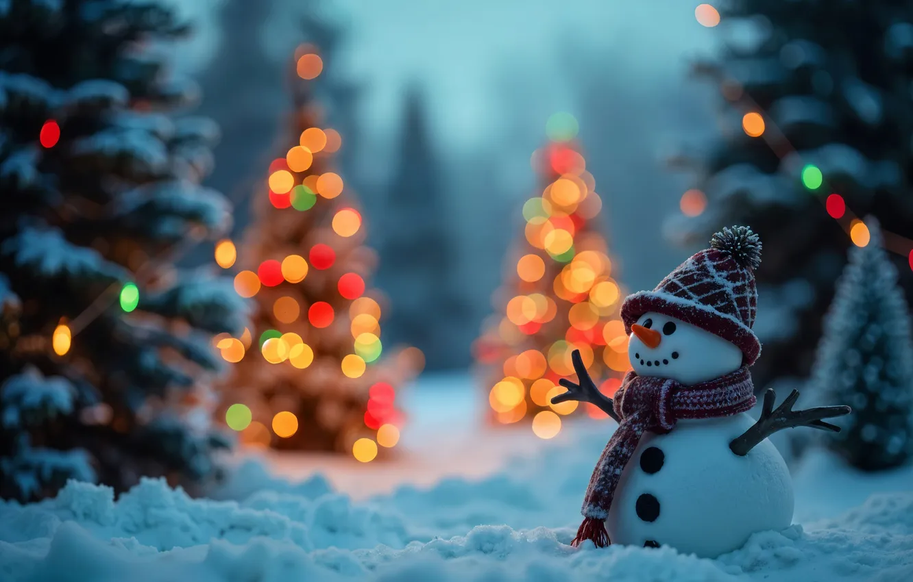 Фото обои зима, снег, Рождество, Новый год, снеговик, Christmas, winter, snow