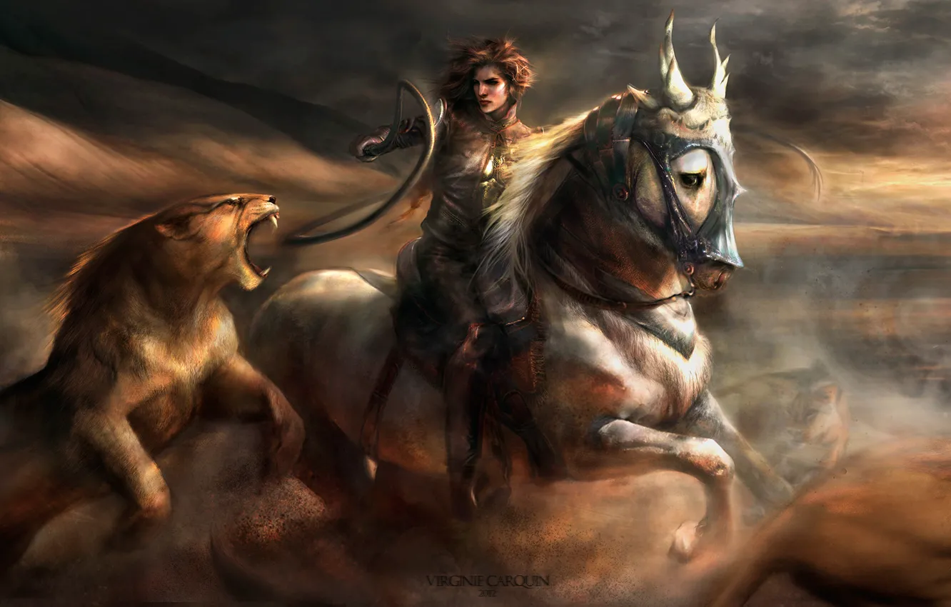 Фото обои кошка, девушка, движение, конь, пыль, лев, арт, битва