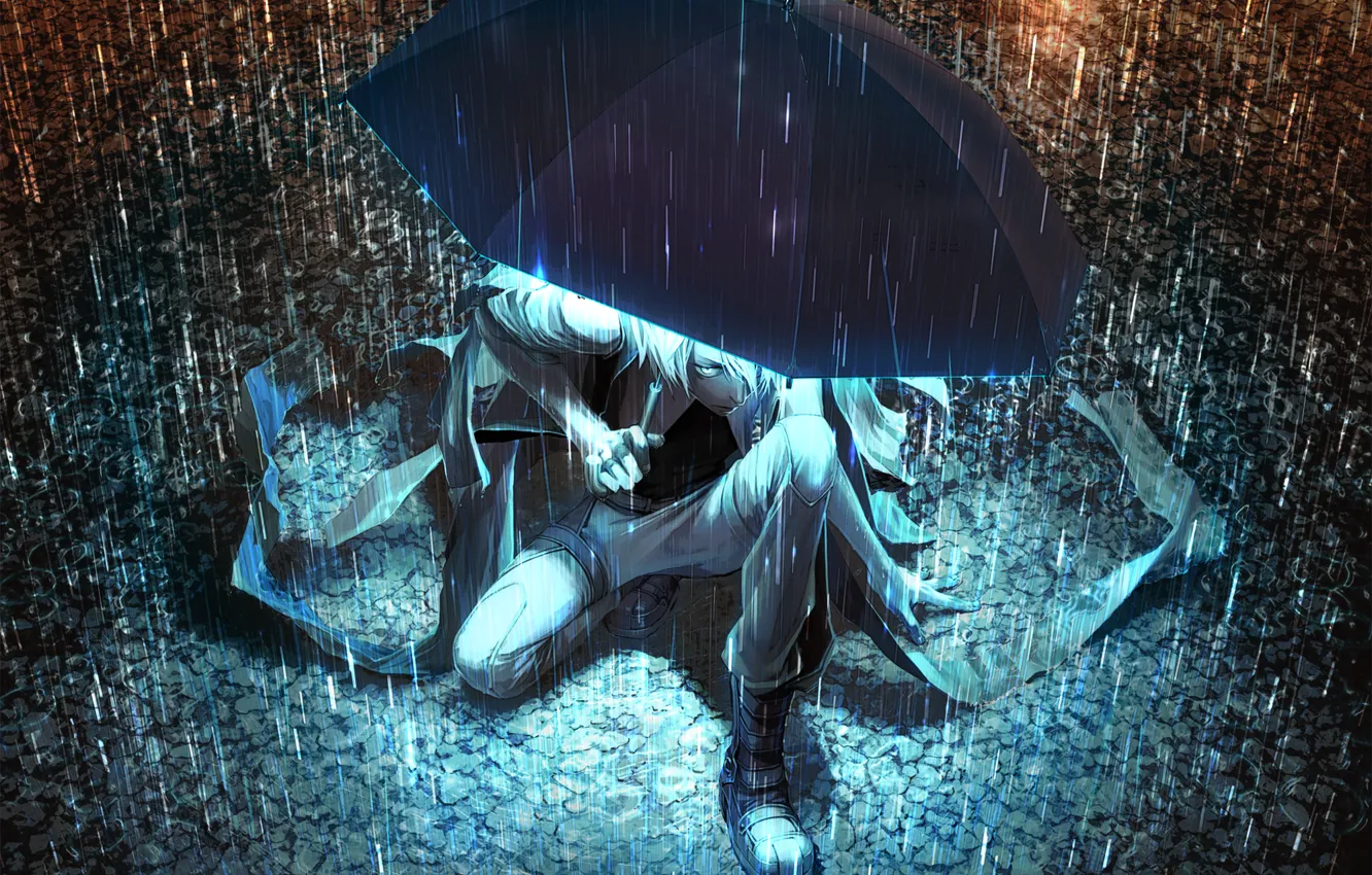 Фото обои свет, ночь, зонтик, дождь, зонт, арт, лужи, парень