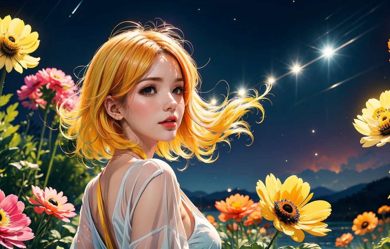 Фото обои flowers, model, women, blonde, AI art
