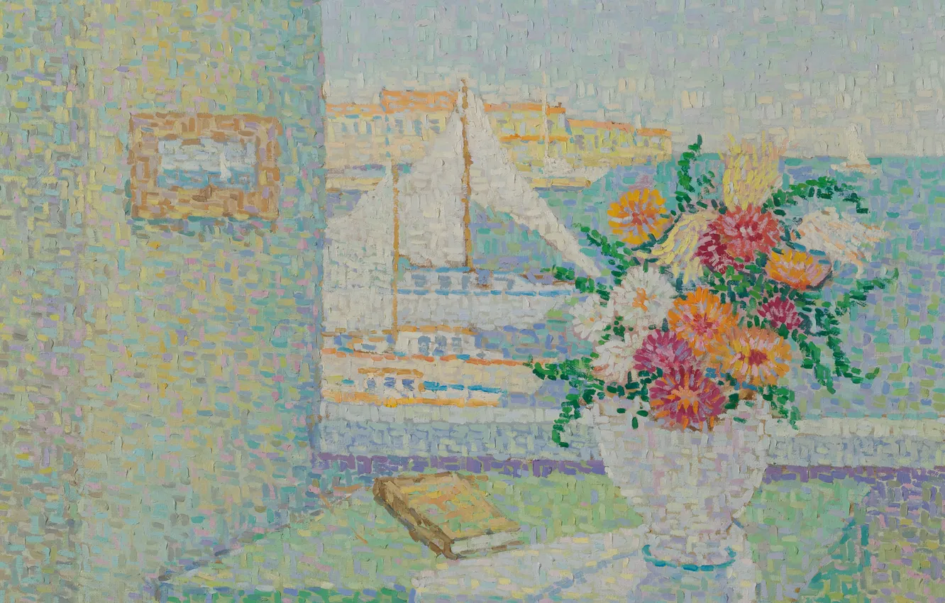 Фото обои цветы, картина, парус, пуантилизм, Натюрморт с Лодками в Гавани, Jeanne Selmersheim-Desgranges