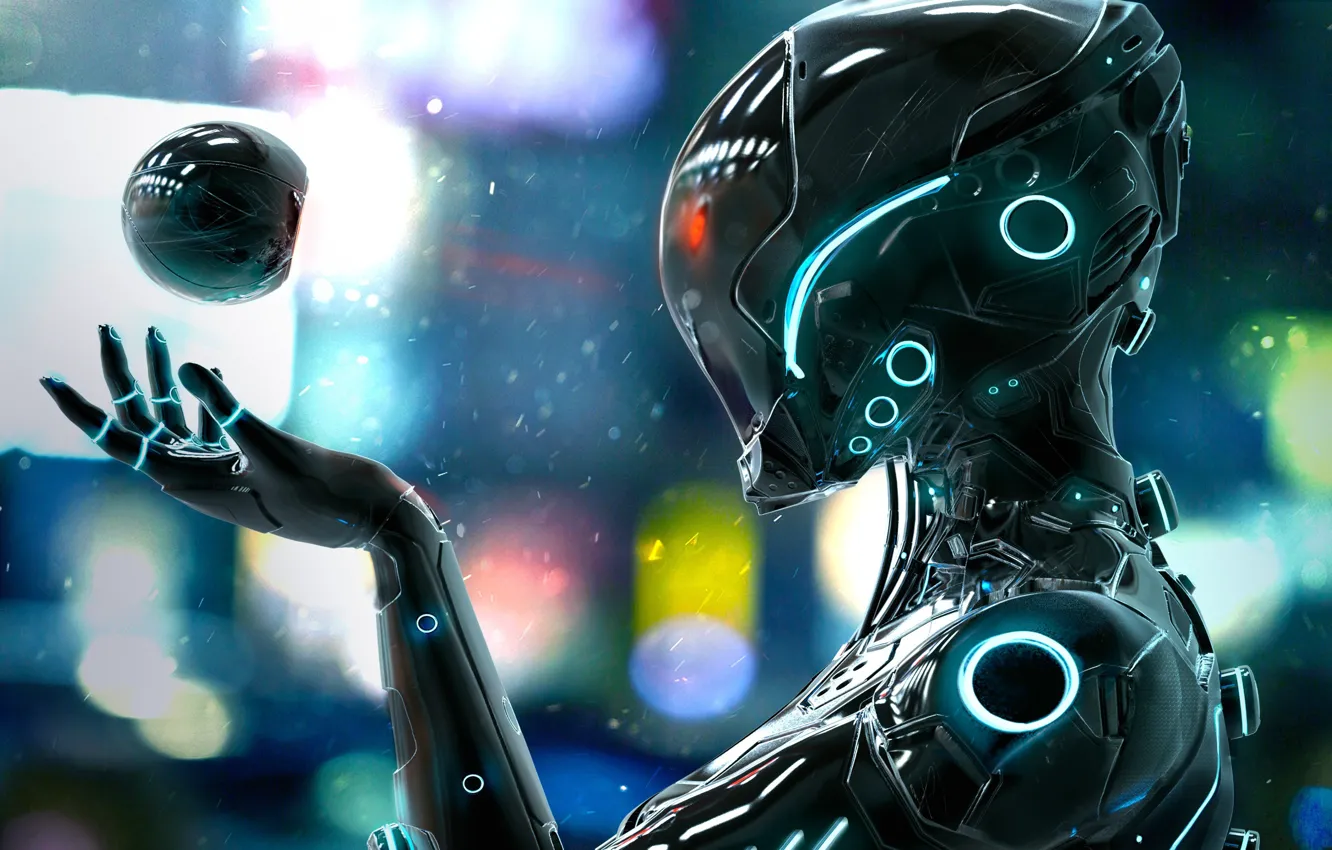 Фото обои робот, неон, шлем, киборг, robot, neon, cyborg, helmet