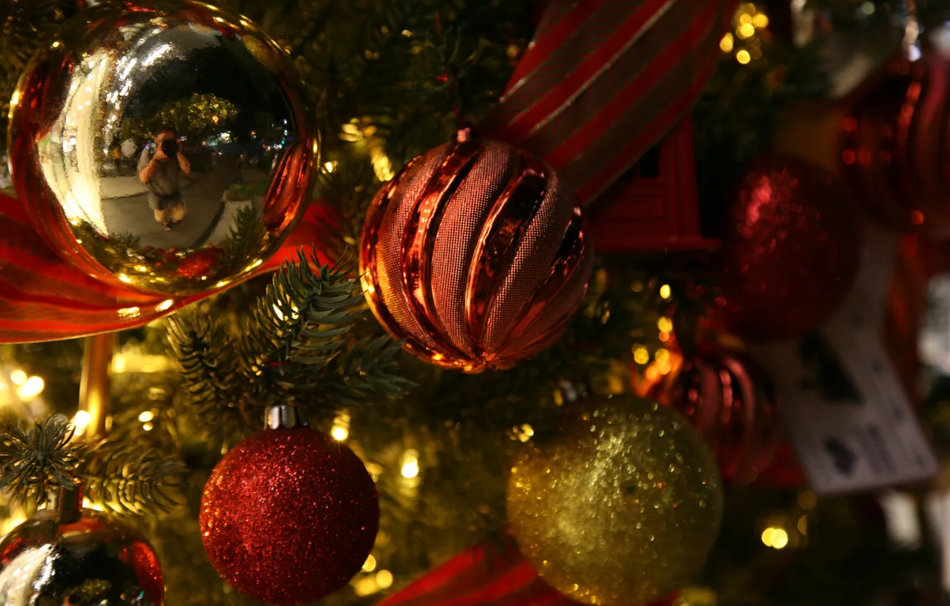 Фото обои зима, шарики, праздник, шары, Рождество, Новый год, ёлка, хвоя