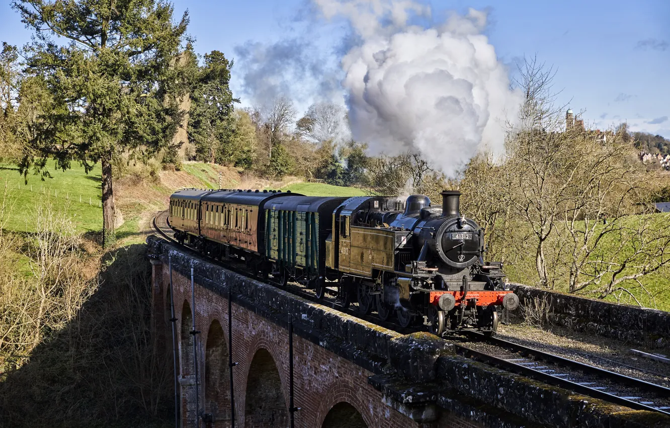 Фото обои мост, дым, поезд, паровоз, вагоны