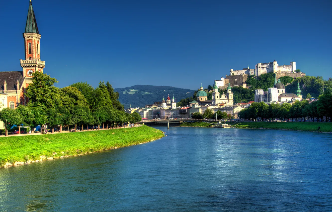 Фото обои деревья, мост, замок, Австрия, собор, набережная, Austria, Salzburg