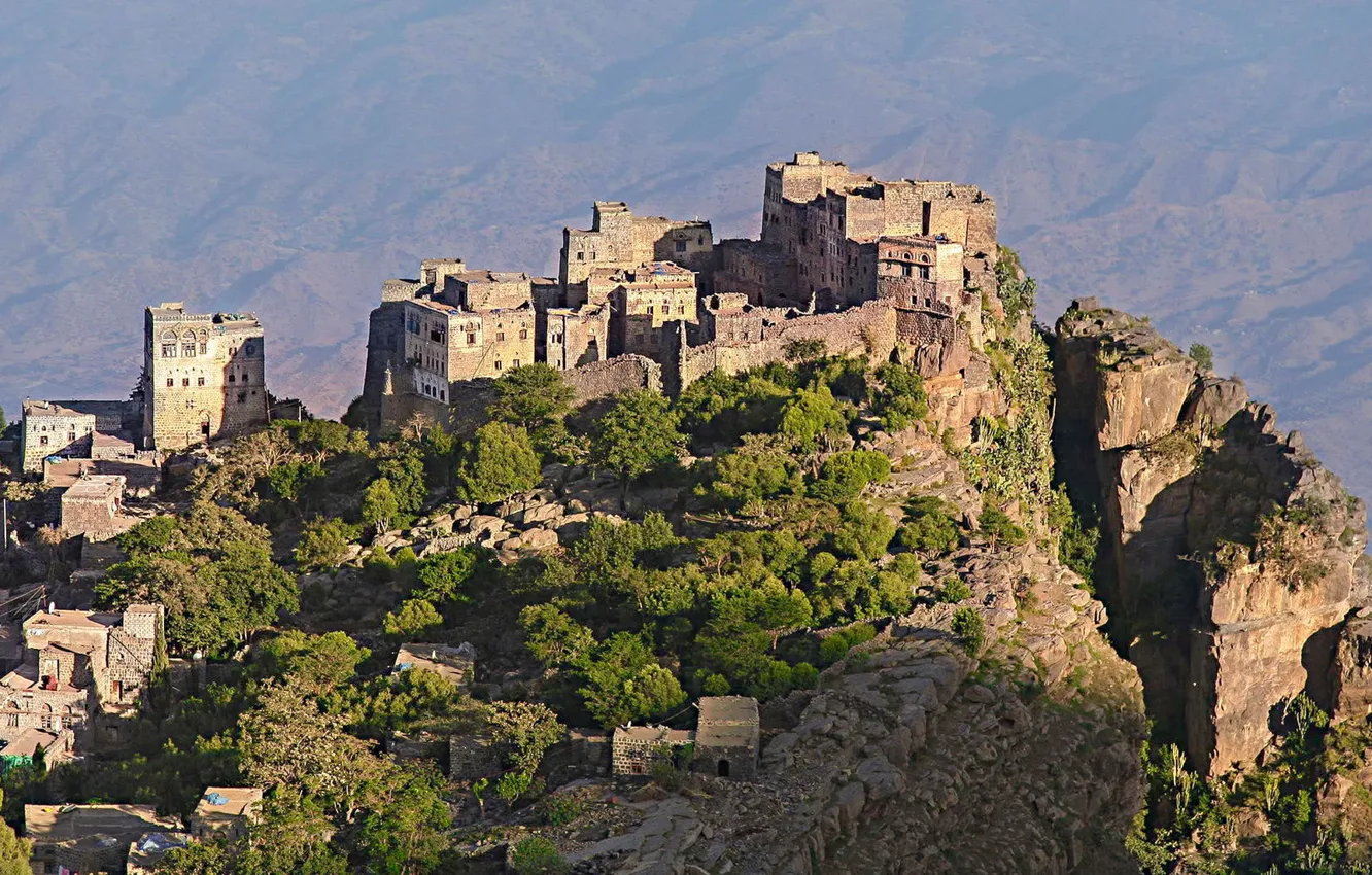 Фото обои горы, камни, деревня, Yemen