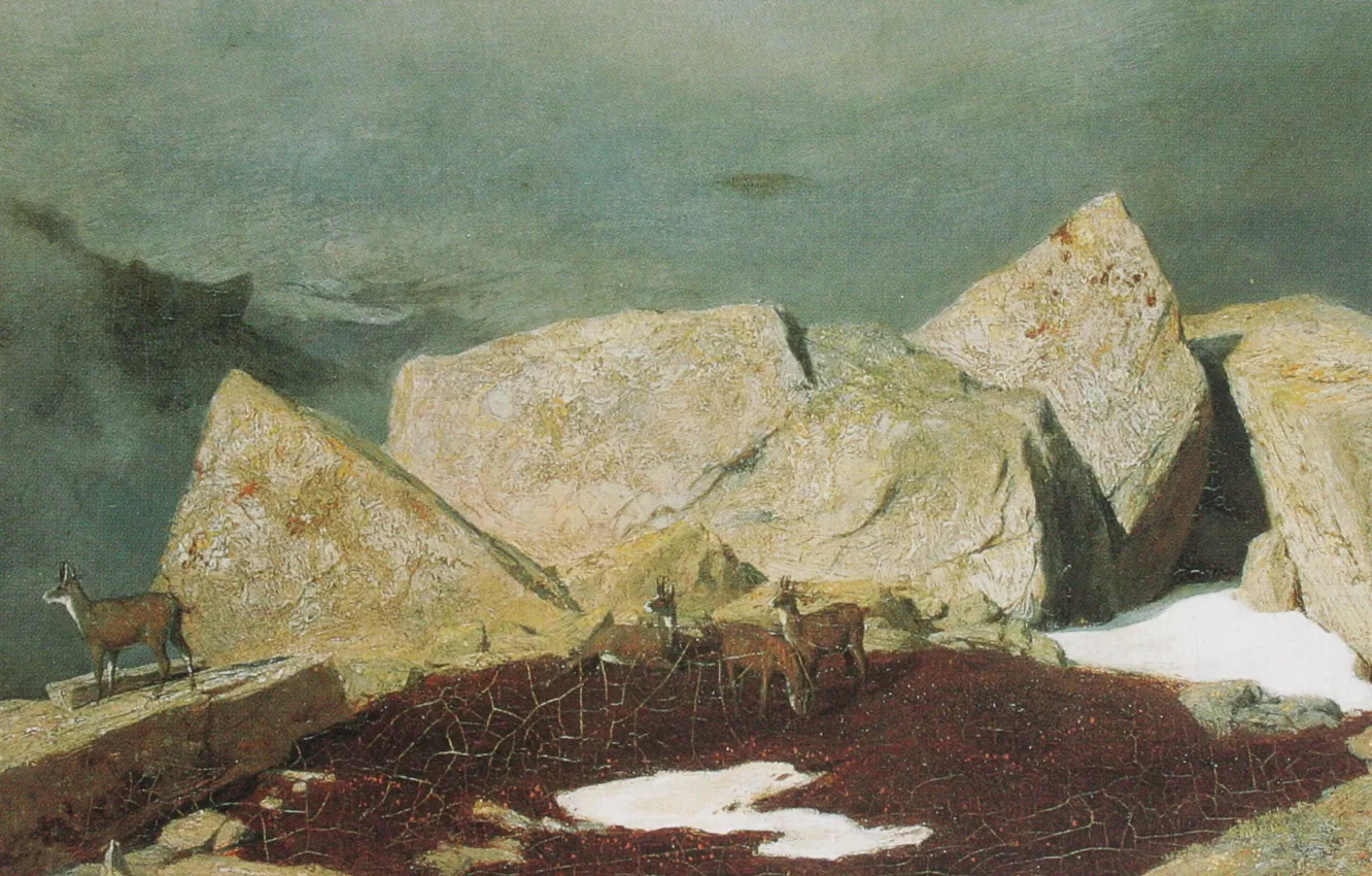 Фото обои скалы, Символизм, Arnold Böcklin, Высокогорный массив с сернами, 1850