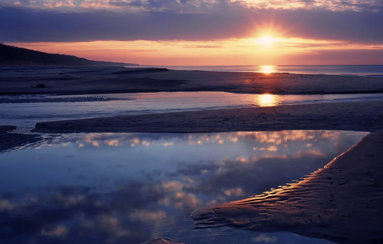 Фото обои песок, море, пляж, вода, закат, побережье, горизонт
