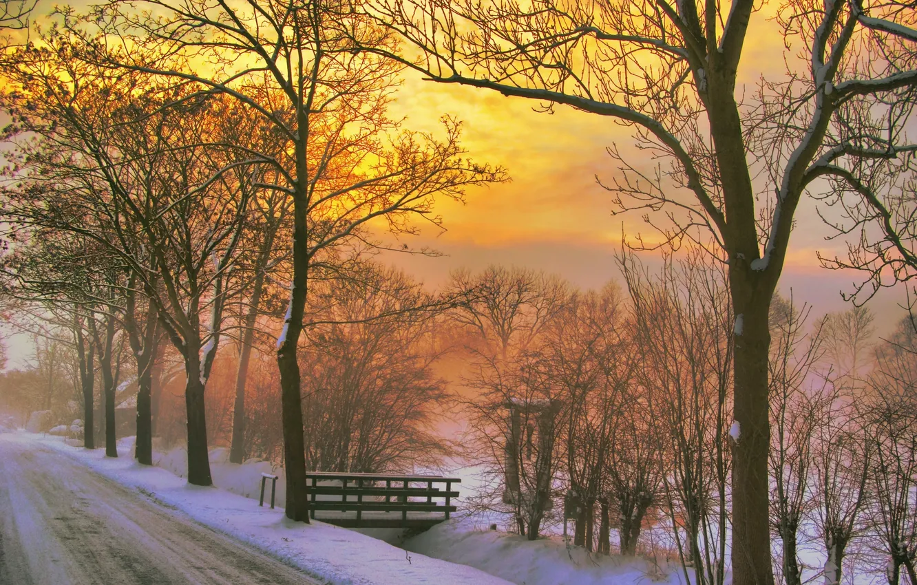 Фото обои зима, дорога, закат, природа