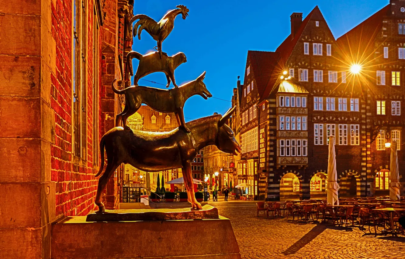 Фото обои город, здания, дома, вечер, Германия, освещение, площадь, памятник