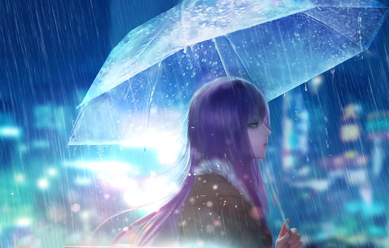 Фото обои девушка, город, дождь, улица, зонт