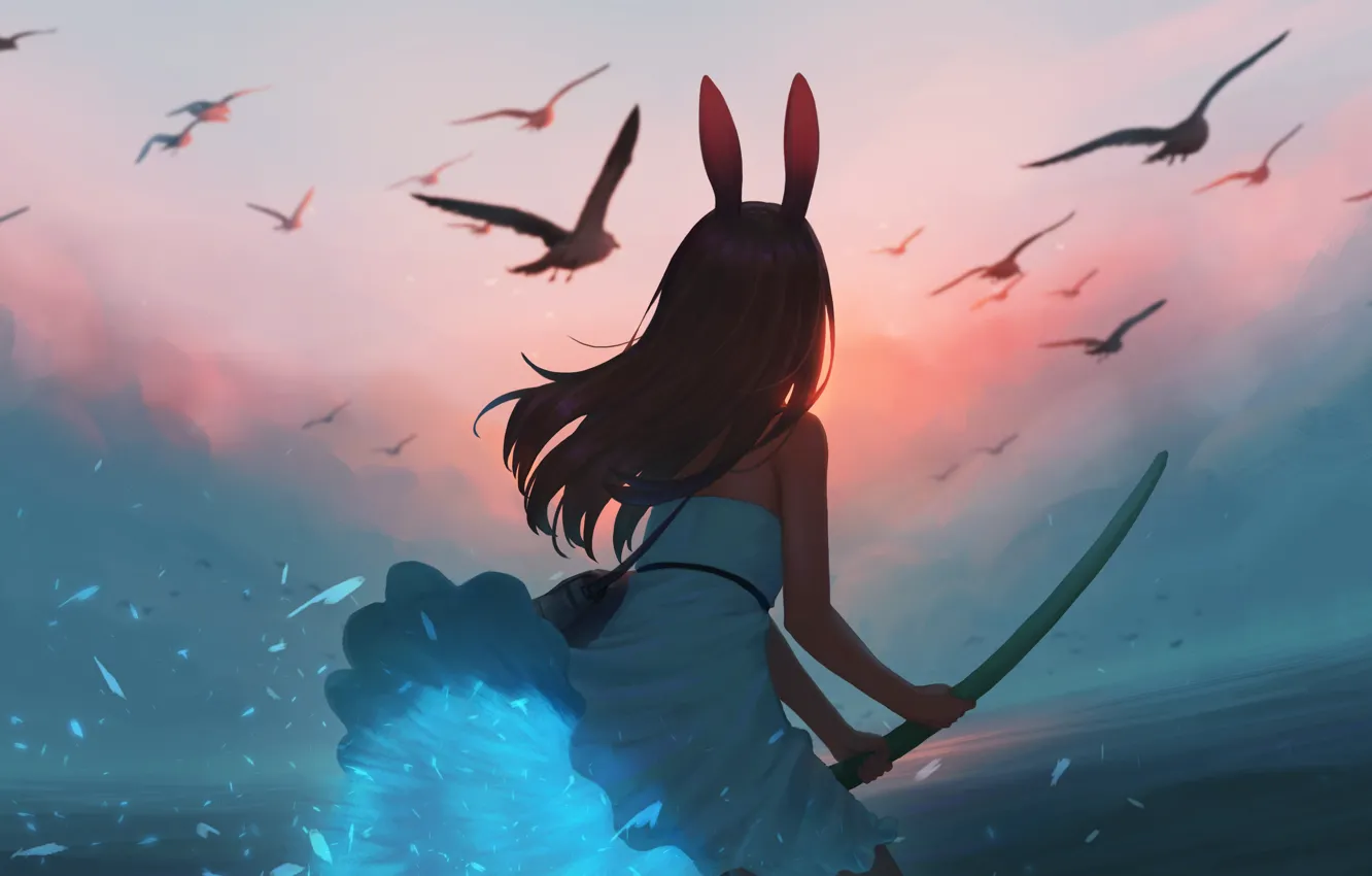 Фото обои море, небо, девушка, закат, птицы, меч, ушки