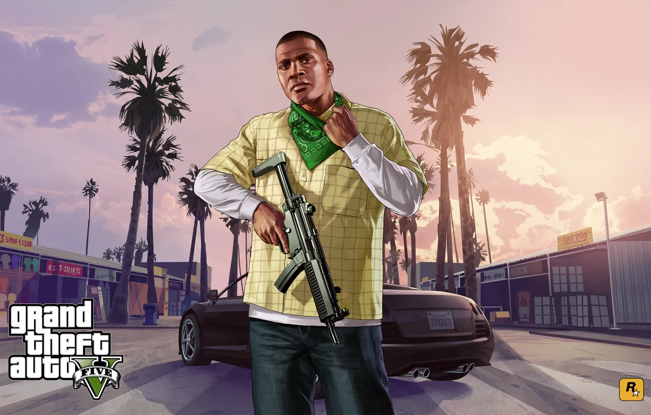 Фото обои оружие, автомат, Grand Theft Auto V, Франклин Клинтон