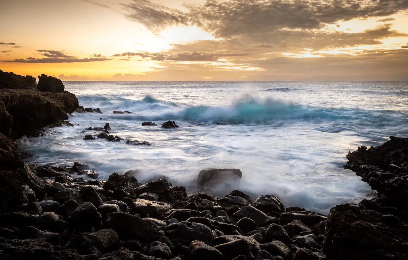 Фото обои море, закат, берег, Hawaii