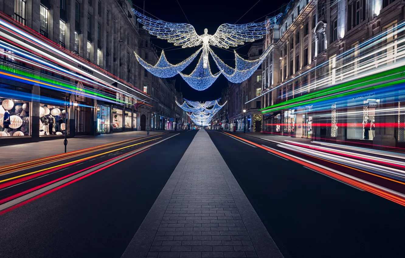 Фото обои city, lights, christmas, road, night, street, angels, London