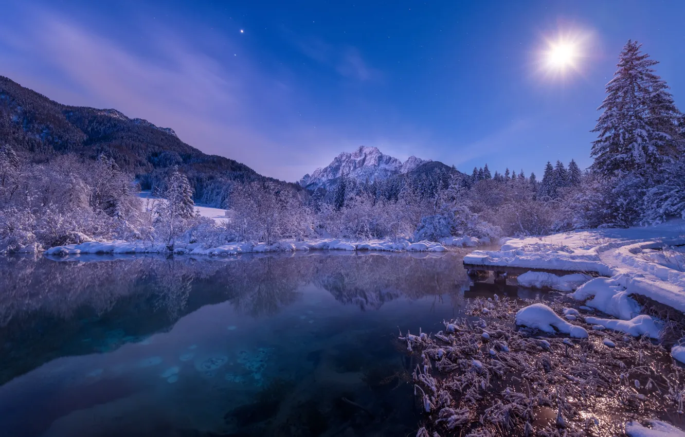 Фото обои зима, свет, снег, горы, ночь, озеро, луна