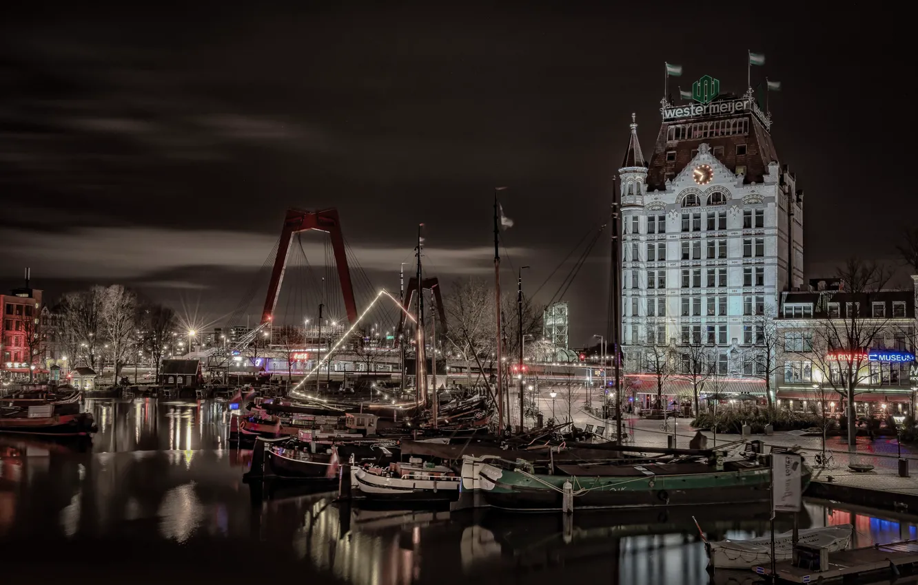 Фото обои ночь, огни, Нидерланды, гавань, старый город, Роттердам