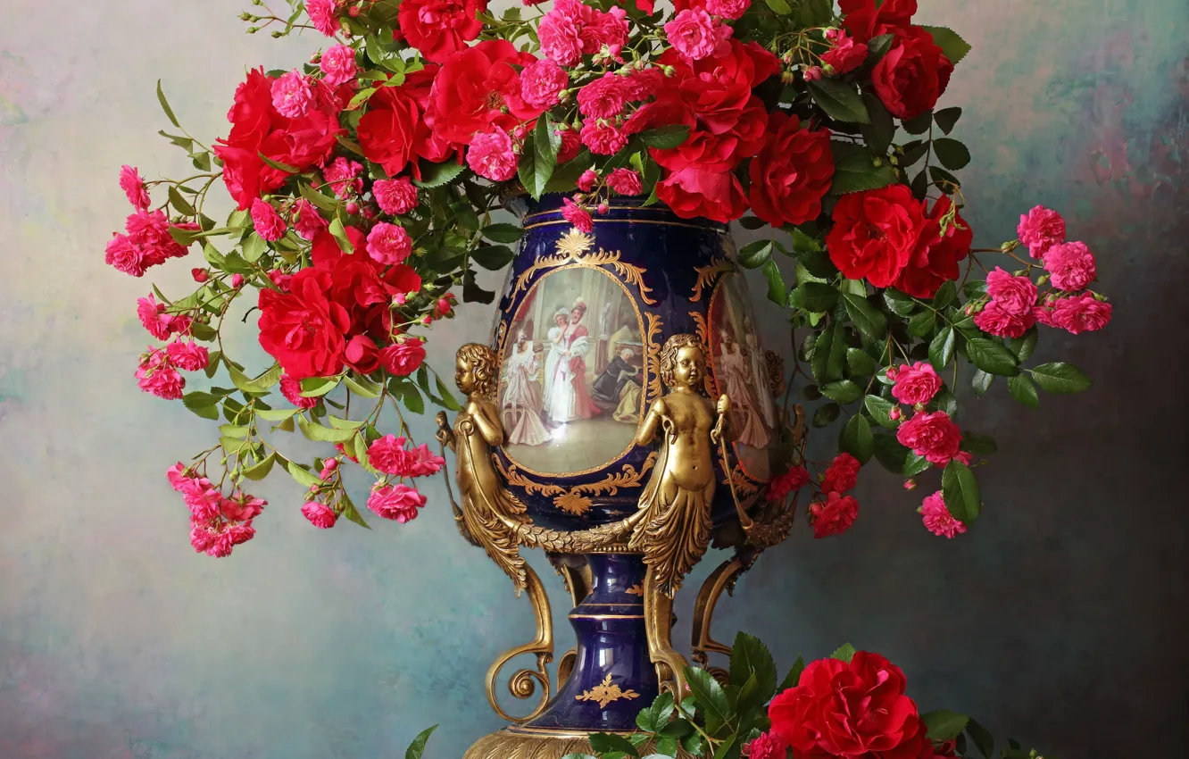 Фото обои стиль, розы, букет, ваза, Андрей Морозов