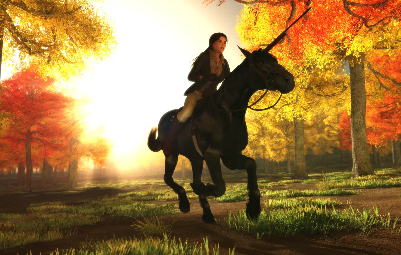 Фото обои осень, листья, девушка, деревья, животное, лошадь, Lara Croft, Tomb raider