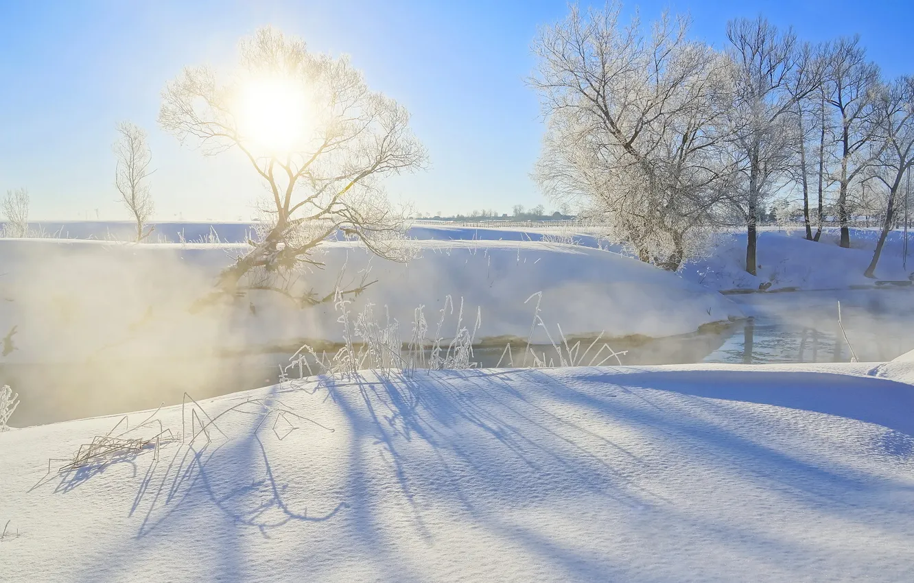 Фото обои зима, пейзаж, туман, река, утро