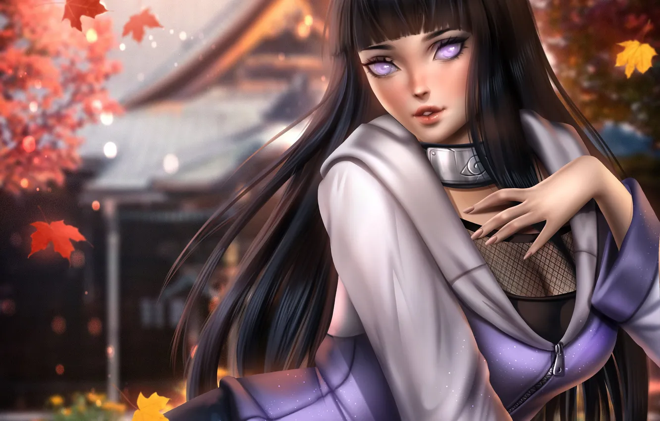 Фото обои Девушка, Листья, Наруто, Naruto, Art, Women, Leaves, Hinata Hyuga