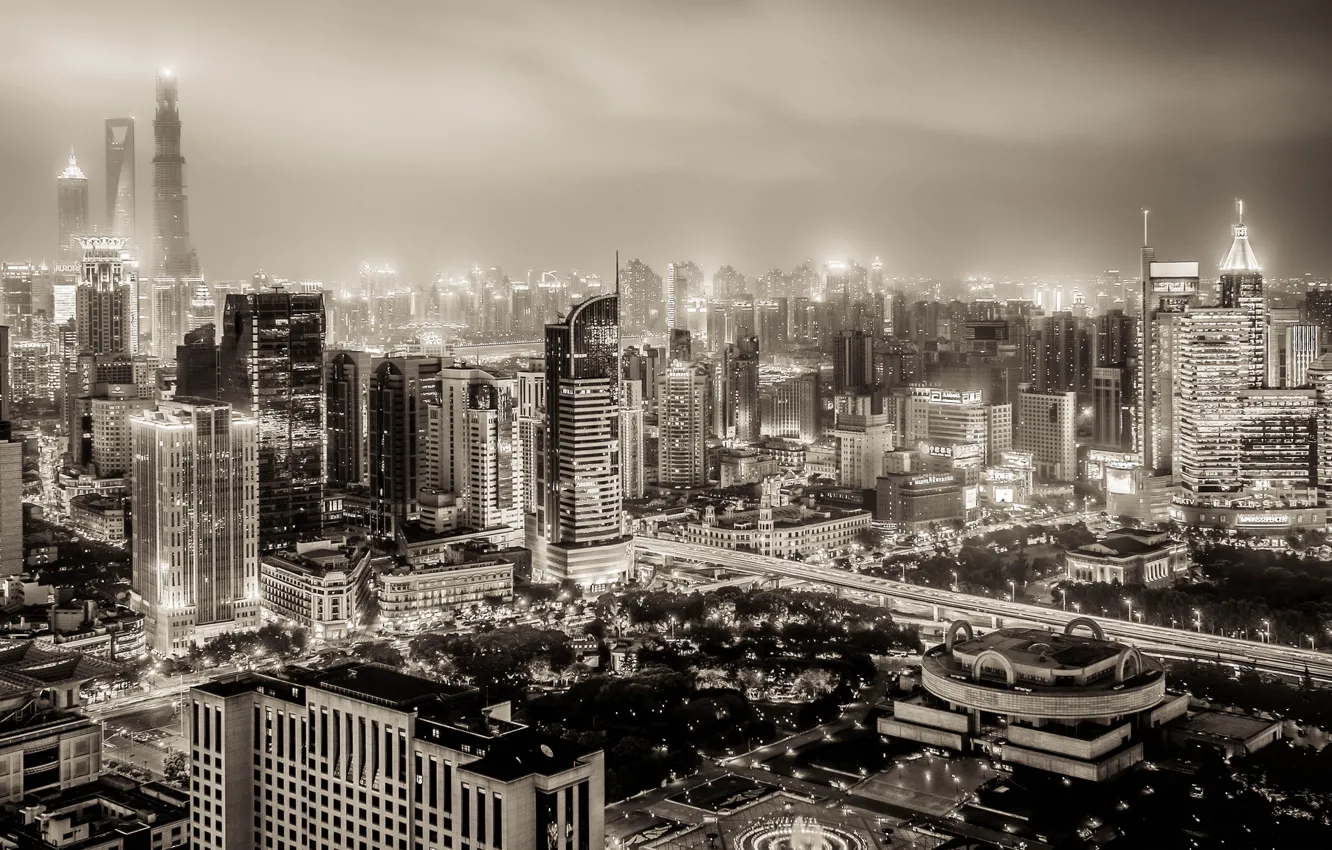 Фото обои China, здания, чёрно-белая, панорама, Китай, Shanghai, Шанхай, ночной город