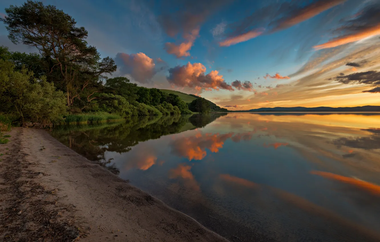 Фото обои берег, light, sky, trees, landscape, sunset, water, Scotland