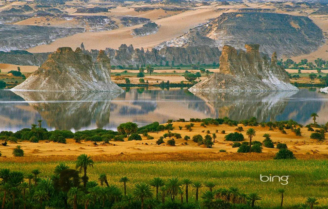 Фото обои горы, озеро, река, пальмы, скалы, остров, Африка, северный Чад